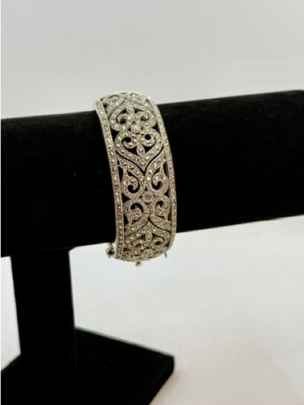 Vintage 1990s Sterling Silver 925 Marcasite Filigree Hinged Bracelet 55g 8.5”